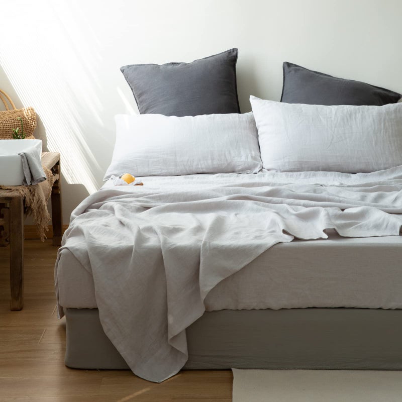 Simple&Opulence 100% Linen Fitted Sheet Twin(1 Piece), 14 Inch Deep Pocket Mattress Cover Natural French Flax Stone Washed Farmhouse Soft Breathable Bottom Sheets-Grey - Image 4